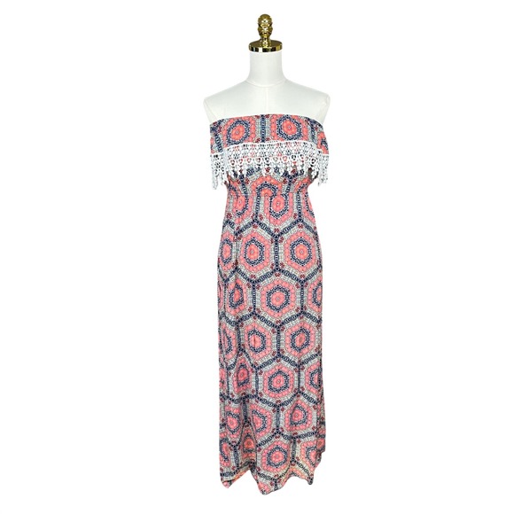 Trixxi Dresses & Skirts - Trixxi Strapless Maxi Dress Geometric Medallion Crochet Lace Smocked Waist